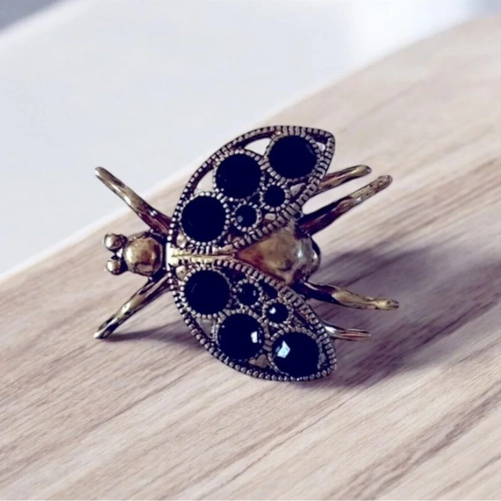 VTG J Crew Gold Tone Fly or Flying Beetle ,ladybug With Black Stones Brooch, Pin